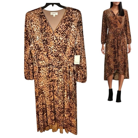 Westbound Dresses & Skirts - Nurture Westbound Plus Size 3X Faux Wrap Belt Dress Animal Print Velvet Burnout